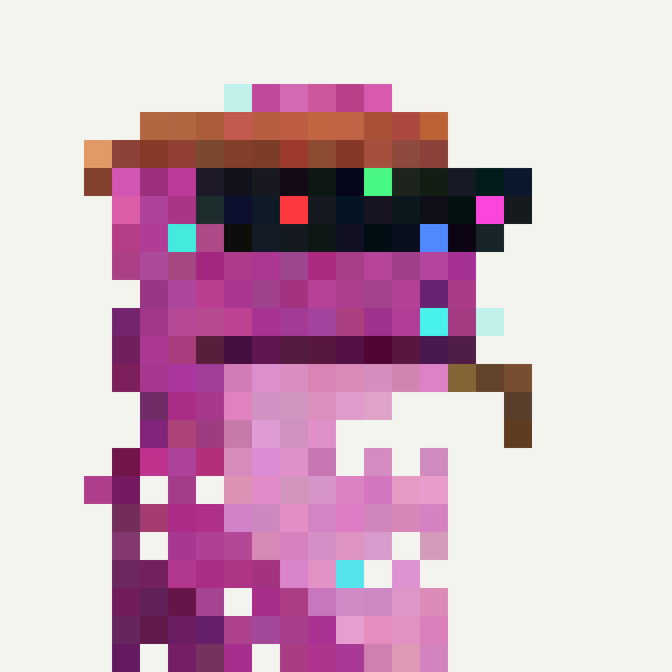 Radioactive Pepenaut: magenta-mottled frog bust with cyan sparks, on an off-white field