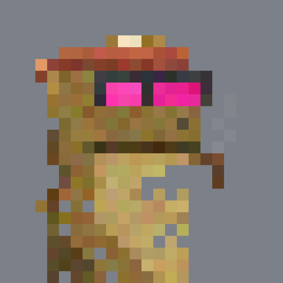 Gold Pepenaut: tarnished gold frog bust with neon lenses, on a slate field