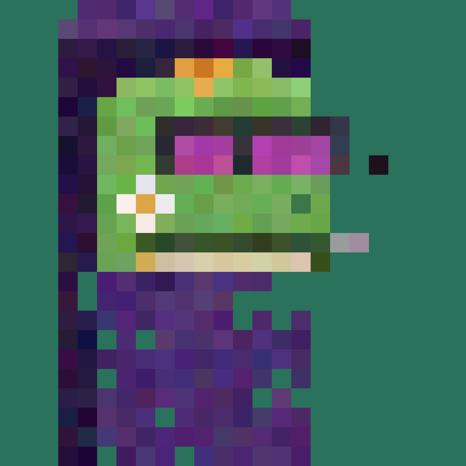Floral Royalty Pepenaut: green frog sprouting flowers under a violet hood, on a muse-green field