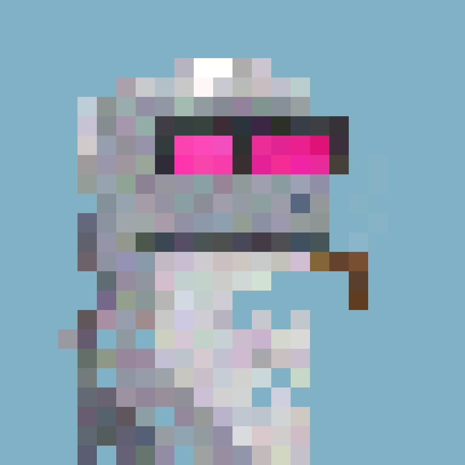 Silver Pepenaut: frog bust cast in silver with oversized lenses, on a sky-blue field