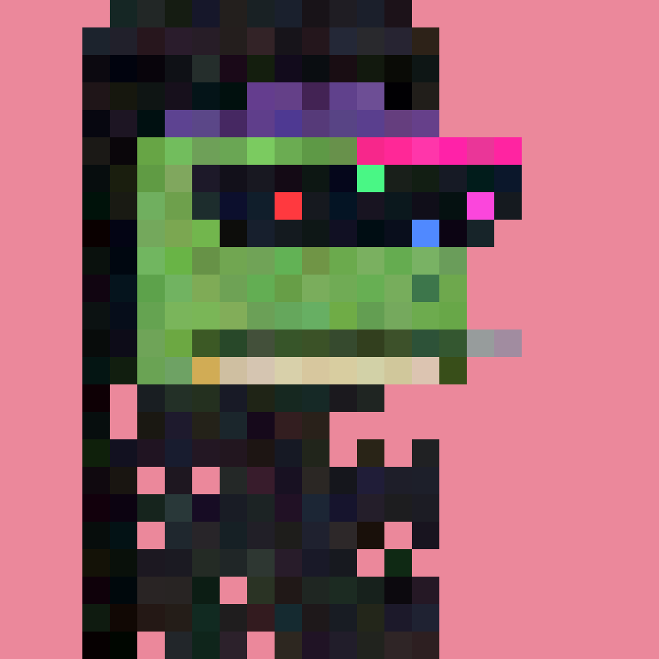Classic Pepenaut in a violet five-panel cap with a neon bill, on a blush field