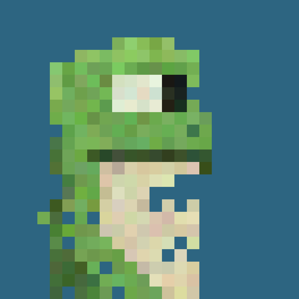 Pepenaut base sprite: a green frog bust in right-facing profile on a punk-blue field, its torso eroded in patches